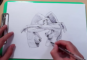 Two beautiful sexy girls, a quick sketch with a ballpoint pen