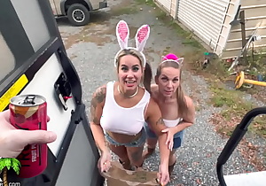 Trailer Trash Stepmom gets stepdaughter a big cock and cumshot with Free Candy - Trailer
