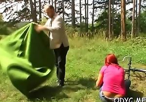 Breasty teenager makes this venerable dude twosome spellbound camper