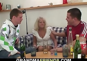 Two buddies fuck boozed old blonde granny