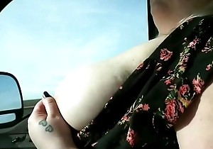 19 pedigree age-old BBW Brandy plays upon her tits on the highway