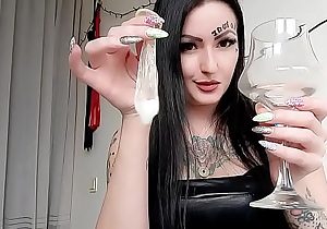 Dominatrix Nika prepares for you a delicious cocktail of her slave's sperm, spit and chewed chocolates. Bon Appetit, dirty boy! Cum play, drool fetish and spit fetish